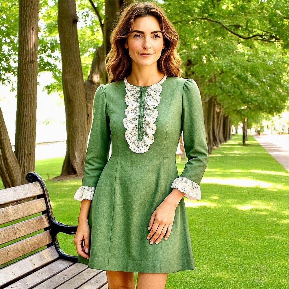 Vintage 60's Green Dress with Lace Handmade Edwardian MOD Cos Play XS XXS